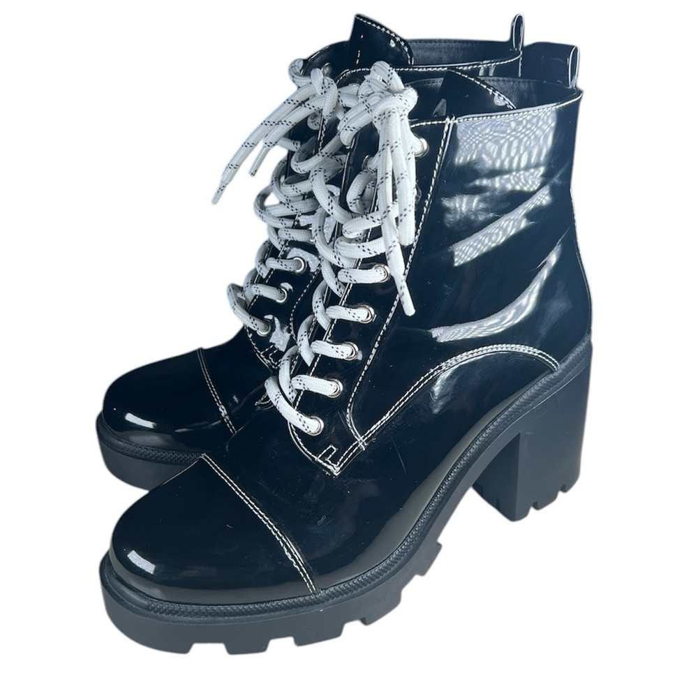 Azalea Wang Black Patent Leather Lace-Up Boots 8
